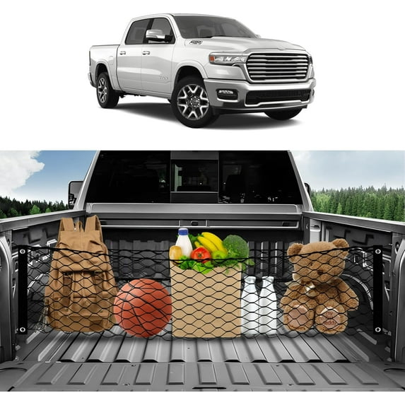 Envelope Style Truck Bed Cargo Net for Dodge Ram 1500 2019-2024 2025, Highly Elastic Heavy Duty Ram 1500 Pickup Truck Bed Netting Nylon Mesh Storage Organizer with Metal Hooks