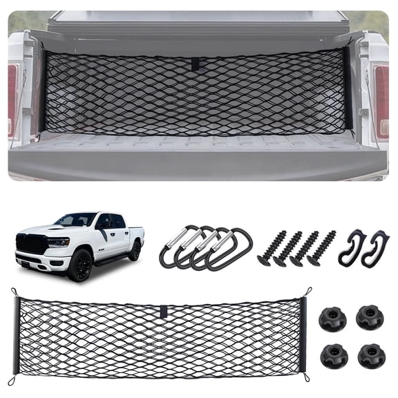 Envelope Style Truck Bed Cargo Net for Dodge Ram 1500 2019-2026 Accessories, Rear Trunk Mesh Cargo Net, Upgraded 5mm Bungee Nylon Storage Netting