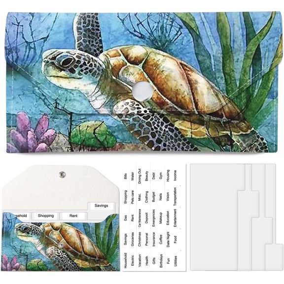 Envelope Wallet, Budget Wallet, Cute PU Leather Saving Wallet with 4 Dividers & 1 Sheet Category Stickers Sea Turtle in