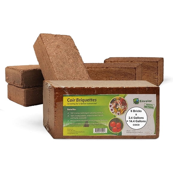 Coco Coir for Plants 6-Pack Envelor 2.4 Gallons Compressed Coconut Coir Bricks 10 lb. Organic Coconut Coir Bulk Low EC pH Balanced Natural Coco Peat for Indoor and Outdoor Gardening Potting Soil