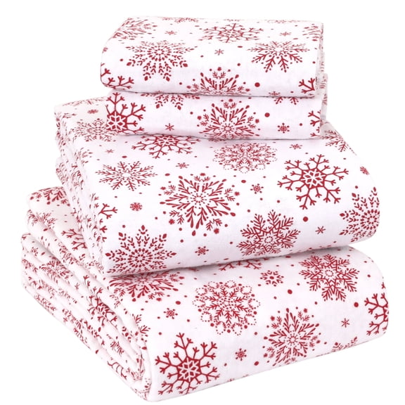 EnvioHome 100% Cotton Flannel Sheets Full Size Bed Sheets Set with Deep Pockets, Brushed Flannel with Elastic Fitted Sheet Set, Soft & Cozy Sheets - 4 Piece Bedding and Pillowcase set, Merry Flakes