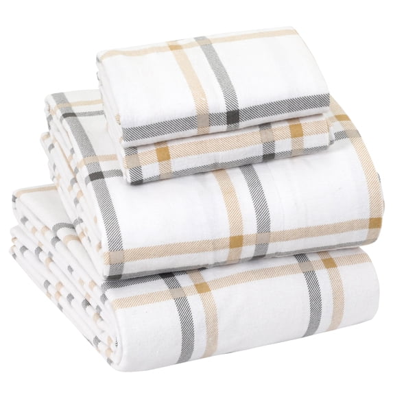 EnvioHome 100% Cotton Flannel Sheets Queen Size Bed Sheets Set with Deep Pockets, Brushed Flannel with Elastic Fitted Sheet Set, Soft & Cozy Sheets - 4 Piece Bedding and Pillowcase set, Ecru Check