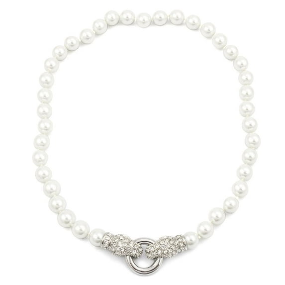 18 Inch Glass Pearl Necklace with Crystal Snake Magnetic Clasp - Elegant Wedding Jewelry Necklace