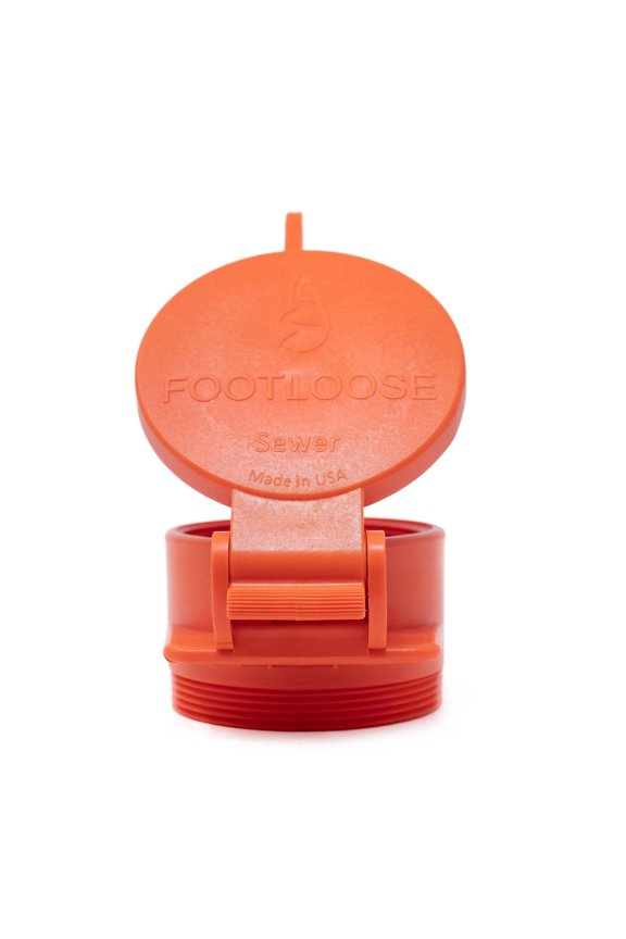 FootLoose 4 in. RV Sewer Cap by Enviro Design, Foot-Operated Locking Dump Station Cover, Orange (Male, Threaded)
