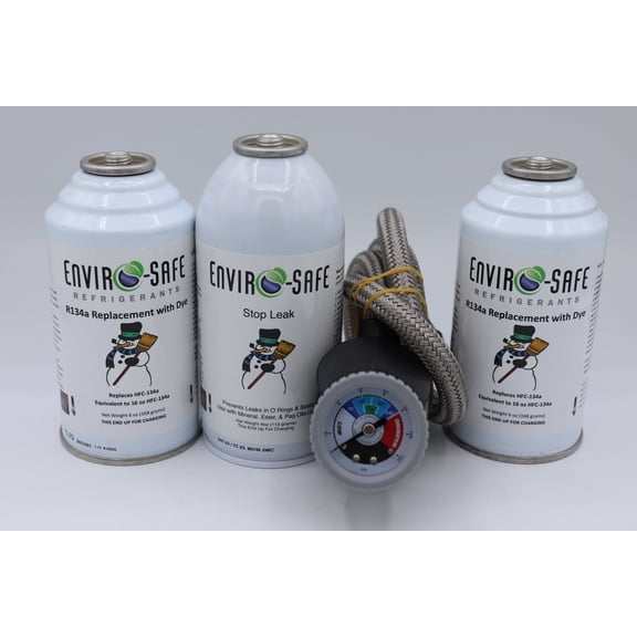 Enviro-Safe Auto AC 134 Replacement Refrigerant, Dye Stop Leak, Gauge Kit, 6 oz Automotive Refrigerant