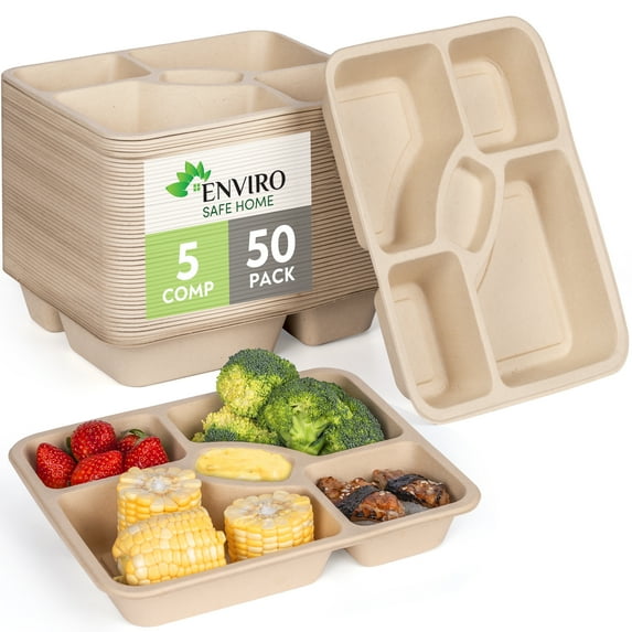 Enviro Safe Home - Disposable & Compostable 5 Compartment Bamboo Plates - 50 Pack