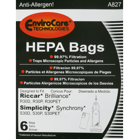 EnviroCare HEPA Vacuum Bags for Riccar Brilliance R30D, R30P, & R30PET Uprights