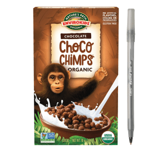 EnviroKidz Crispy Rice Fruity Burst Choco Chimps Cereal with pan
