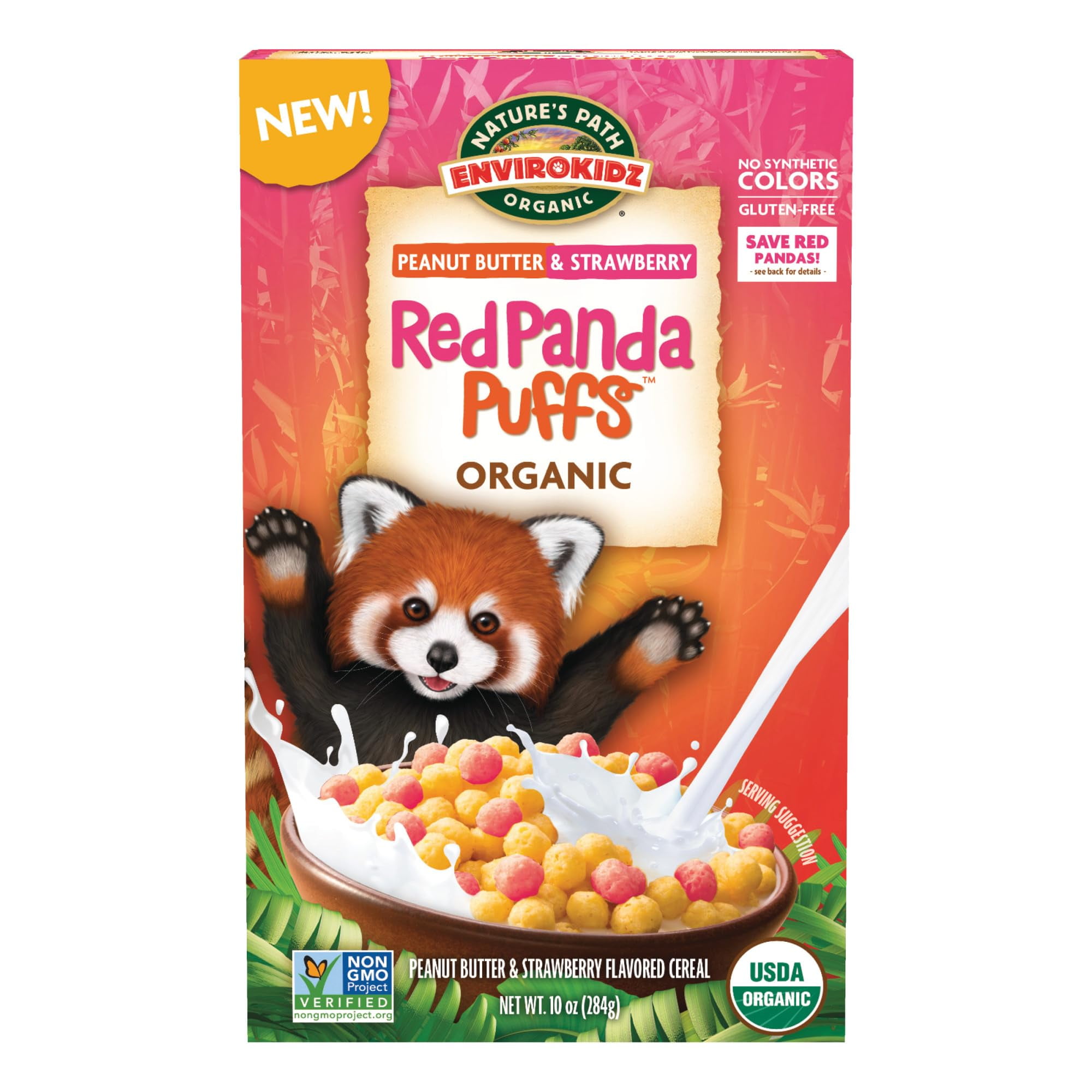 EnviroKidz Organic Red Panda Puffs Cereal, TVS110 oz (Pack of 1), Peanut Butter & Strawberry, Gluten Free, Non-GMO, by Nature's Path