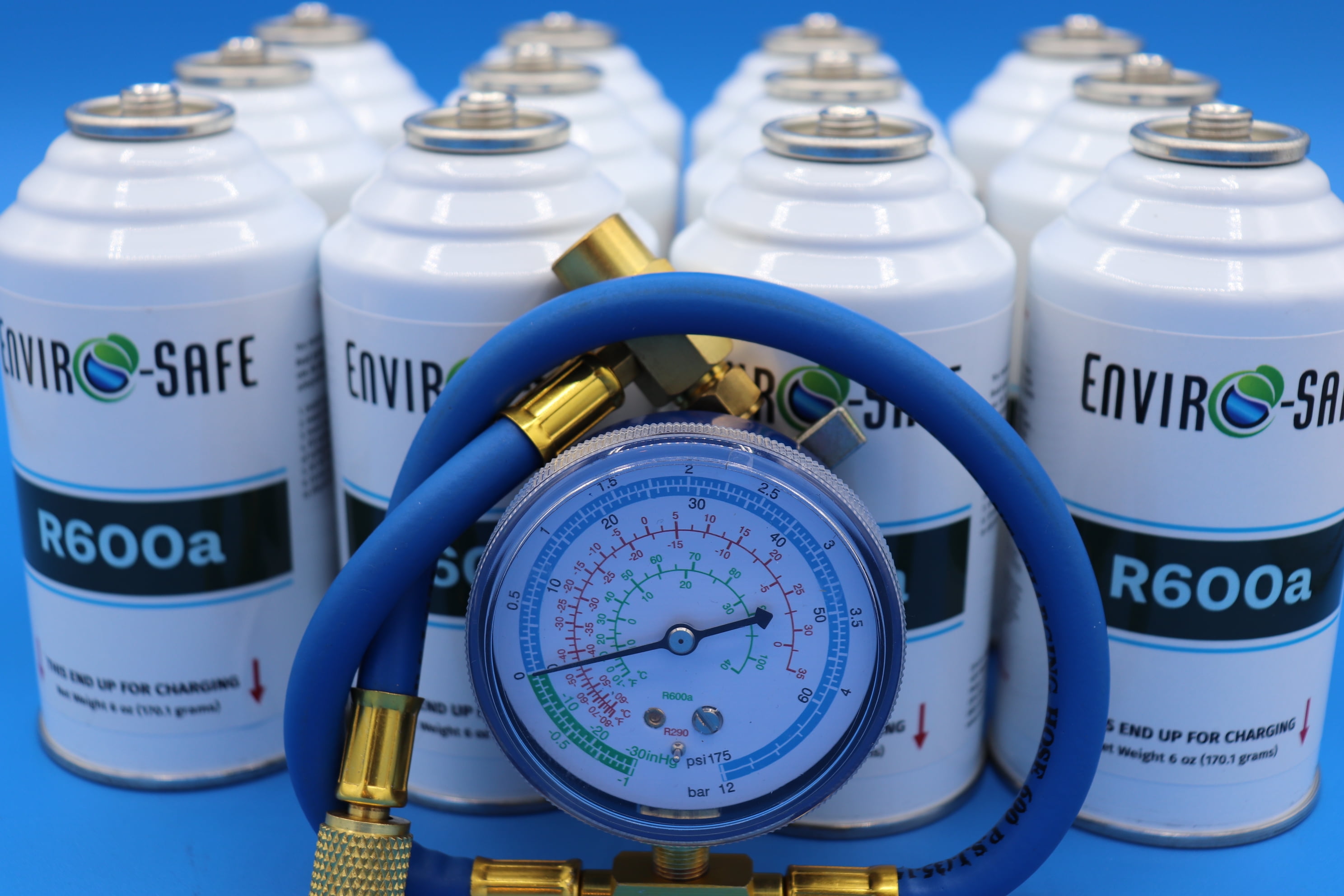 EnviroSafe R600a Refrigerant with Charging Gauge Automotive Refrigerant 12 Pack