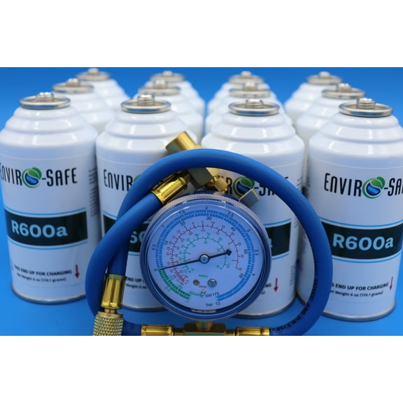 EnviroSafe R600a Refrigerant with Charging Gauge Automotive Refrigerant 12 Pack