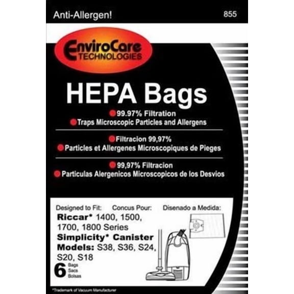 Envirocare Hepa Vacuum Bags To Fit Riccar 1400, 1500, 1700, 1800 6Pk