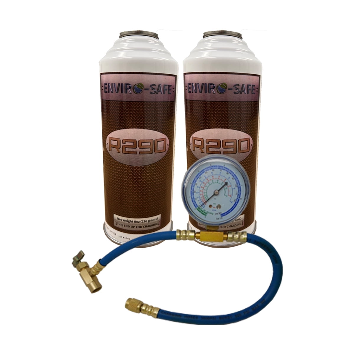 Envirosafe 290, R290, Enviro-Safe R-290 Refrigerant 2- 8oz Cans & Gauge kit, R22, R-22