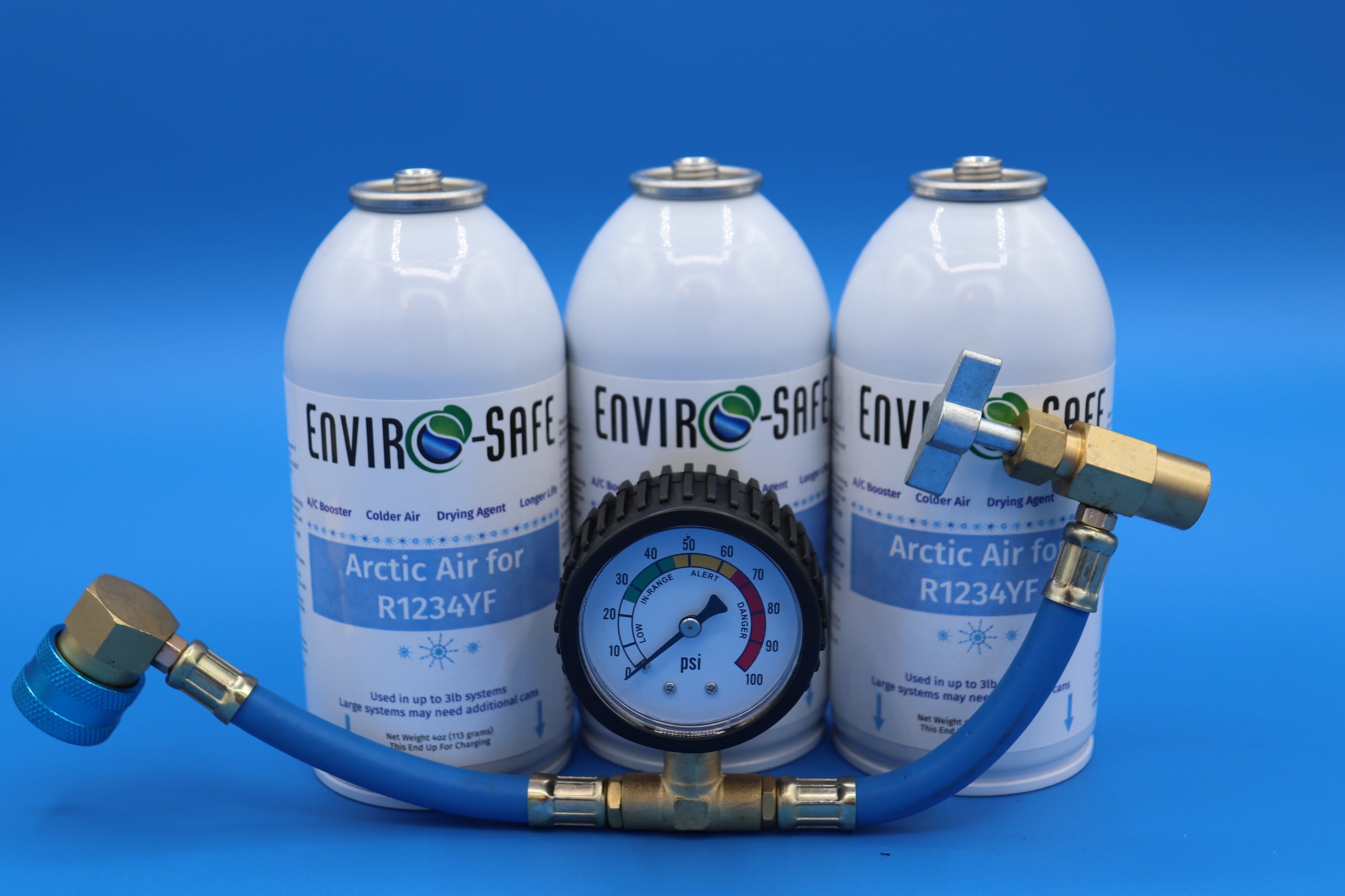 Envirosafe Arctic Air for R1234yf Systems, 3 Cans and Universal Brass Charging Gauge, R1234, R1234yf