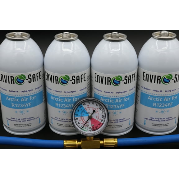 Envirosafe Arctic air for R-1234YF, R1234, r1234yf Refrigerant Support, 4 cans and a gauge