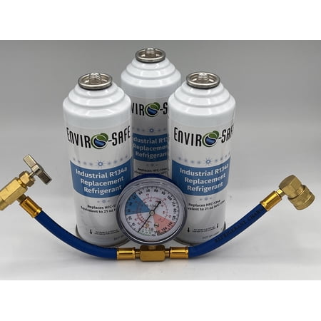 Envirosafe Universal Industrial R134a Replacement Refrigerant, Brass Gauge 3 Cans Automotive Refrigerant 3 Pack