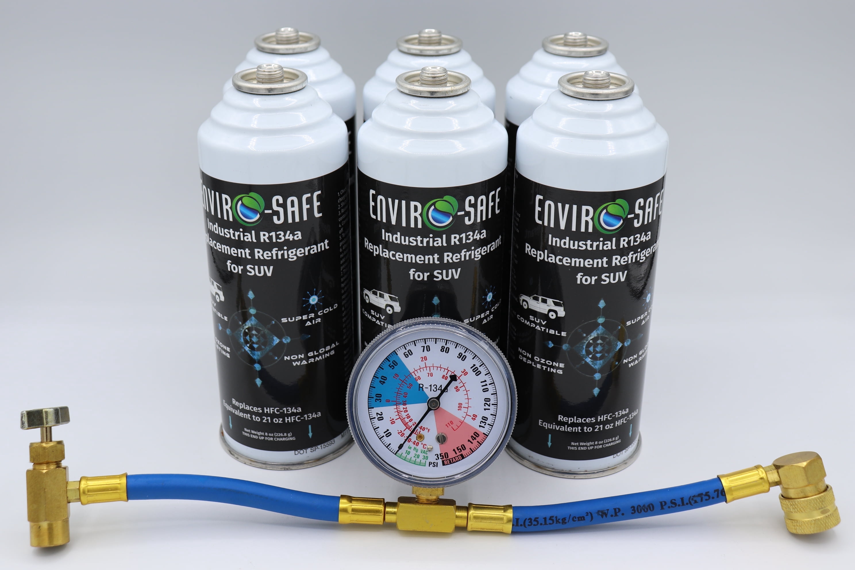 Envirosafe Universal R134 SUV Replacement Refrigerant, Brass Charging Gauge Automotive Refrigerant, 6 Pack