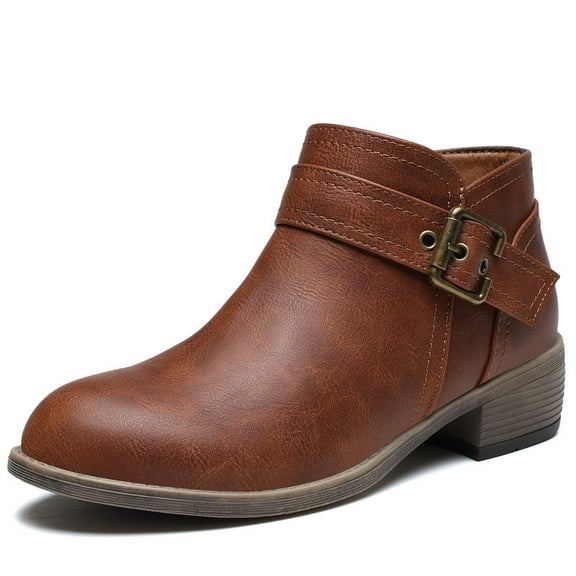 Envirsheo Ankle Boots for Women Low Heel Chelsea Booties for Winter Round Toe Leather Snow Boots Chunky Fall Shoes with Side Zipper Brown