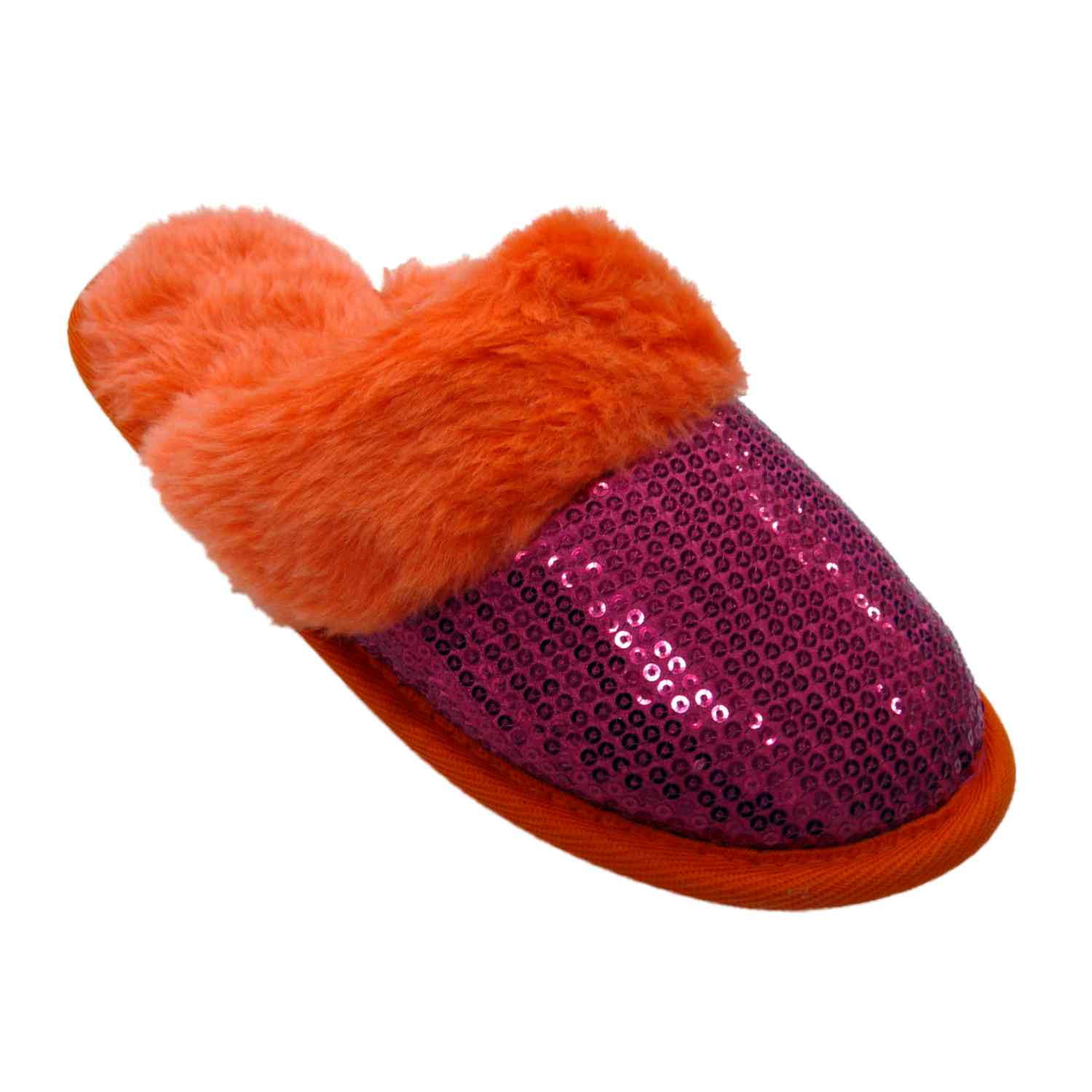 Envision Studio Women Orange Pink Sequin Slippers House Shoes Scuff L ...