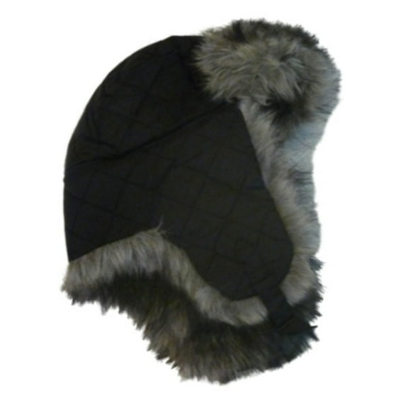 Envision Studio Womens Quilted Black Trapper Hat with Plush Gray Fur Aviatior