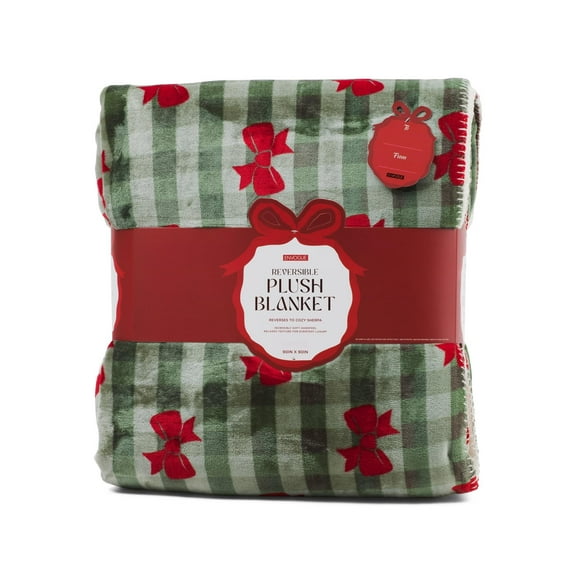 Envogue Christmas Winter Throw Blanket Green Check & Red Bows/Sherpa Reverse, Twin