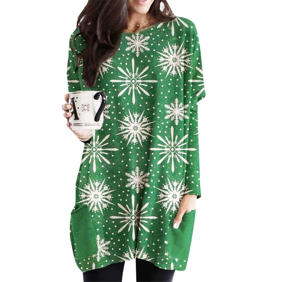 Enwejyy Christmas Print Midi Blouse Long-Sleeved Women Casual Top