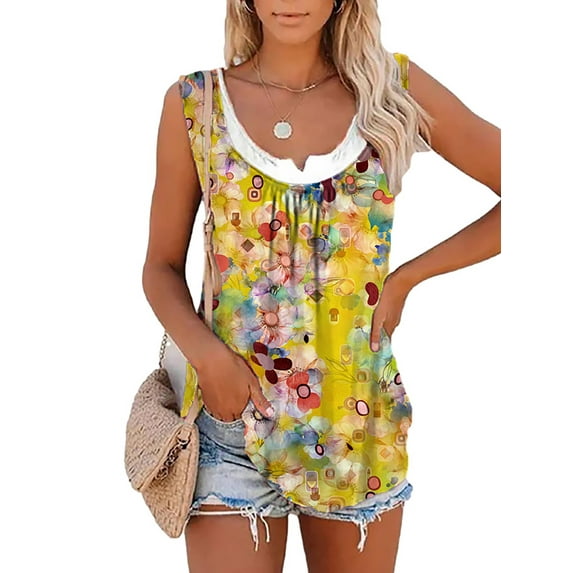 Enwejyy Floral Print Contrast Color Sleeveless V-Neck Workplace Casual Women T-Shirts Top