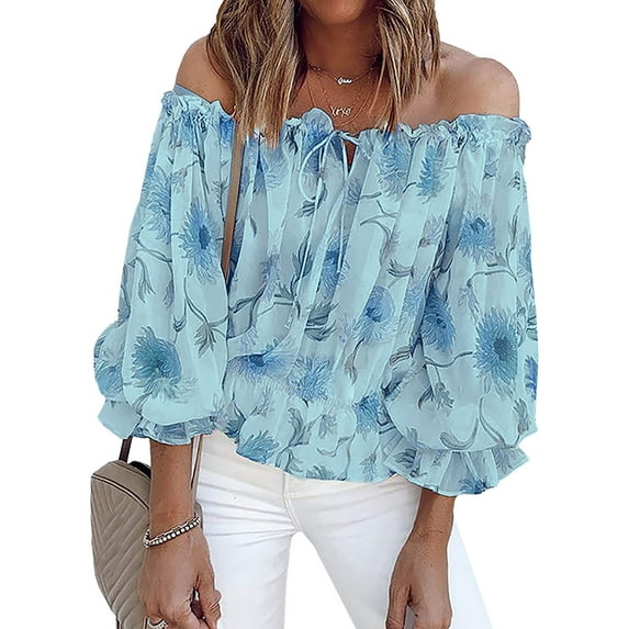 Enwejyy Summer Sexy Floral Print Off-the-Shoulder 3/4 Sleeve Women Chiffon Top T-Shirts