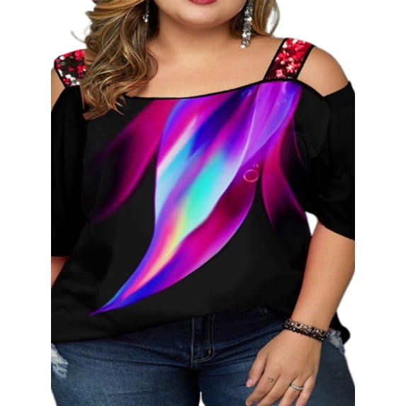 Enwejyy Women Beach Style Gradient Print Sequins Off-the-Shoulder Half Sleeve Vintage Pullover T-Shirts Blouse Plus Size