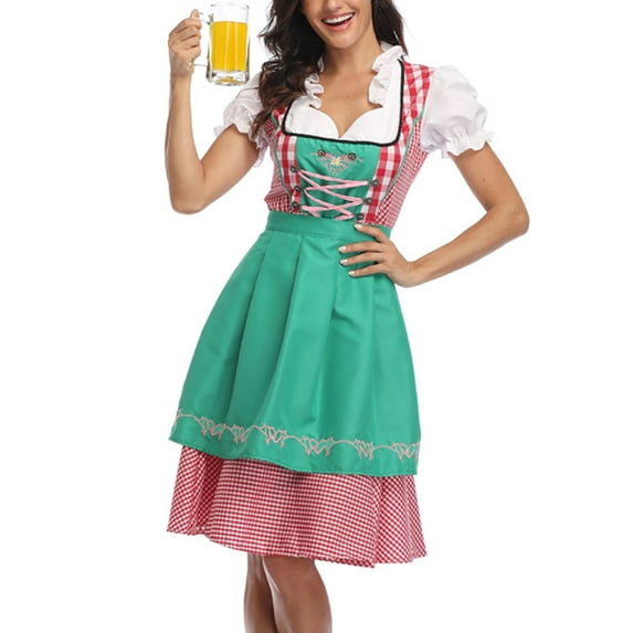 Enwejyy Women Beer Festival Embroidered V-Neck Short Sleeve Plaid Dress