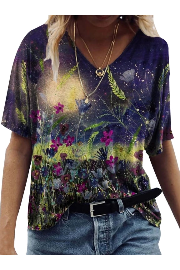 Women Casual Floral Print V-Neck Short Sleeve Loose Blouse T-Shirt Top