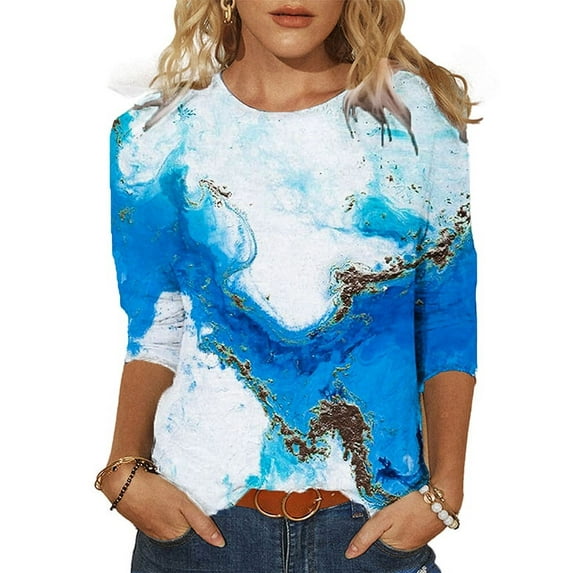 Enwejyy Women Casual Pullover T-Shirt Top 3/4 Sleeve O-Neck Floral Printed Blouse Top