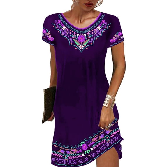 Enwejyy Women Ethnic Floral Printed Short Sleeve Knee Length A-Line Dress