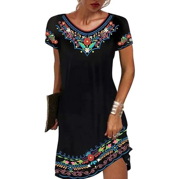 Enwejyy Women Ethnic Floral Printed Short Sleeve Knee Length A-Line Dress