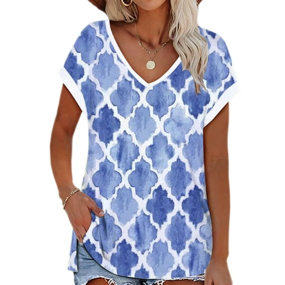 Enwejyy Women Fashion Cotton Floral Print Short Sleeve V-Neck T-Shirt Tops