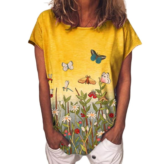 Enwejyy Women Fashion Elegant Short Sleeve Floral Print Casual T-Shirt Tops