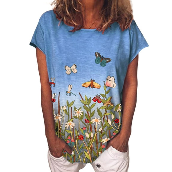 Enwejyy Women Fashion Elegant Short Sleeve Floral Print Casual T-Shirt Tops