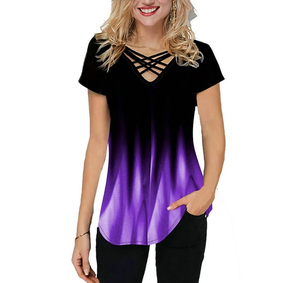 Enwejyy Women Gradient Print Summer Short Sleeve V-Neck Criss Cross Blouse Tunic T-Shirt Top