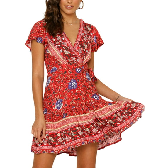 Enwejyy Women Holiday Summer Bohemian Short Sleeve V-Neck Floral Print Casual Wrap Peplum Surplice A-Line Dresses