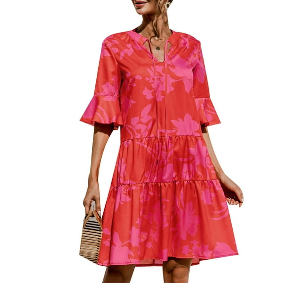 Enwejyy Women Leopard Print Solid Color Trumpet Half Sleeve Relaxed Fit Knee Length Dresses