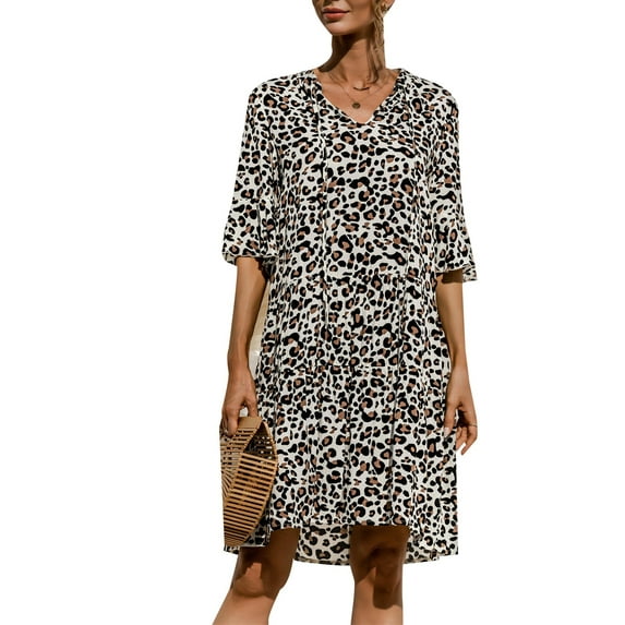 Enwejyy Women Leopard Print Solid Color Trumpet Half Sleeve Relaxed Fit Knee Length Dresses