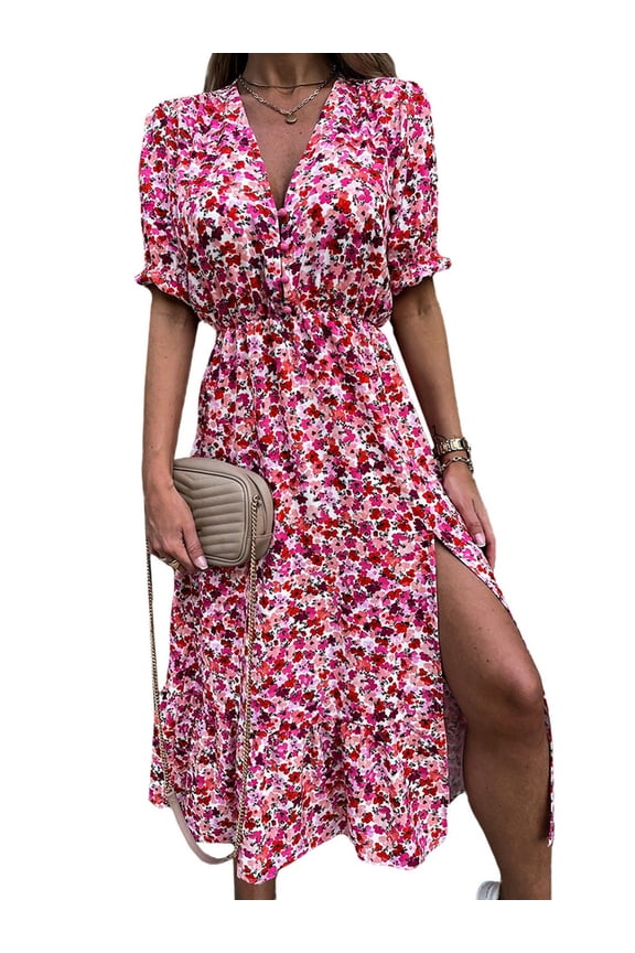Women Multi-Color Floral Print Sundress Holiday Beach Bohemian Dress