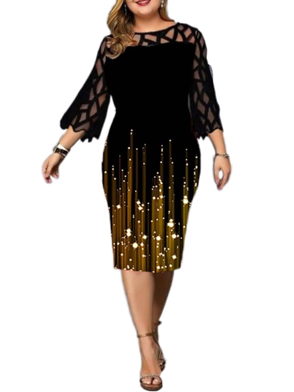 Women Party Cocktail Formal Dress Ball Gown Colorblock 3/4 Sleeve Lace A-Line Dress Plus Size
