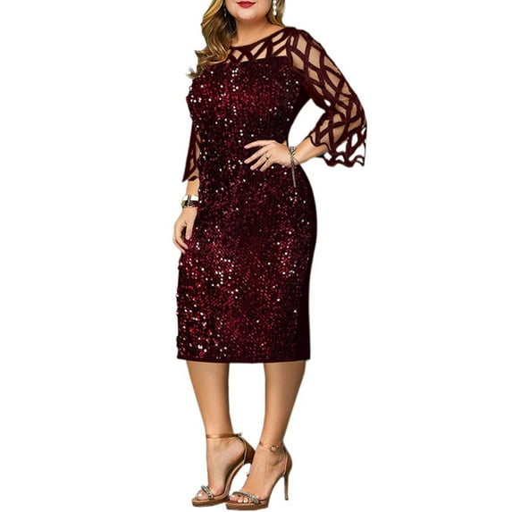 Enwejyy Women Party Cocktail Formal Dress Ball Gown Sequins Half Sleeve Lace A-Line Dress Plus Size