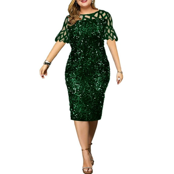 Enwejyy Women Party Cocktail Formal Dress Ball Gown Sequins Short Sleeve Lace A-Line Dress Plus Size