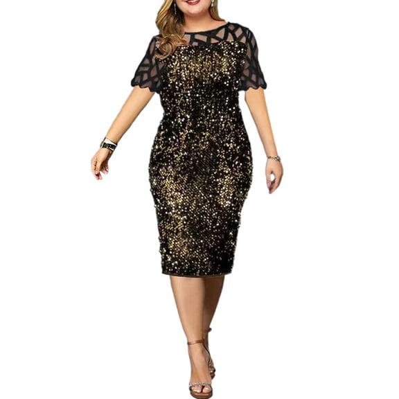 Enwejyy Women Party Cocktail Formal Dress Ball Gown Sequins Short Sleeve Lace A-Line Dress Plus Size