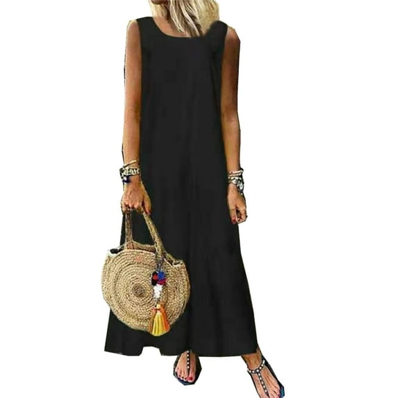 Enwejyy Women Plus Size S-5XL Sun Dress Casual Solid Color Sleeveless Round Neck Loose Fit Maxi Dress