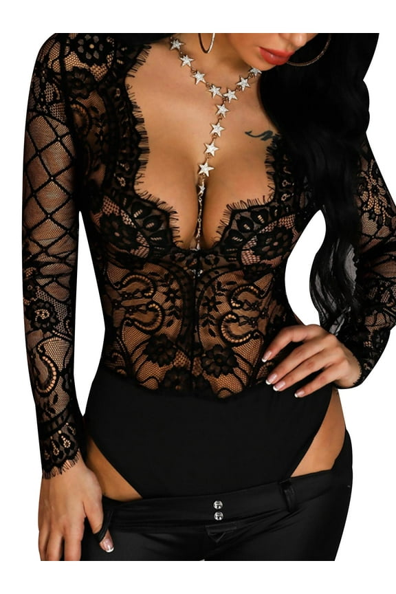 Women Sexy Sheer Lace Solid Color Romper Badysuit Lingerie Bobydoll