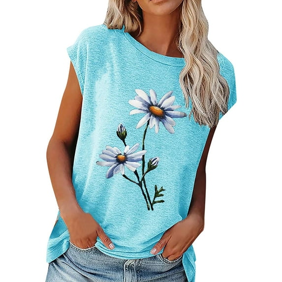 Enwejyy Women Short Sleeve Summer T-shirt Plant And Flower Print Round Neck Casual Blouse Tops