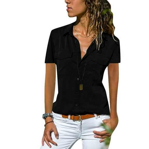 Enwejyy Women Smmuer Lapel Neck Short Sleeve Solid Casual T-Shirts Blouse Tops